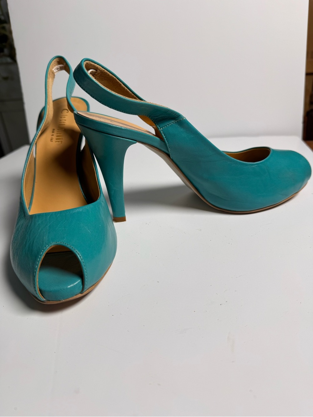 La Canadienne Turquoise Leather Peep Toe Slingback Heels EU 39 Made in Italy